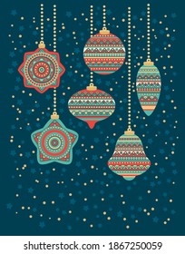 Christmas card with hanging Christmas decorations of different shapes in ethnic style. Vintage holiday card. Vector illustration in flat style