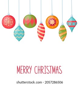 Christmas card with hanging decorations for christmas tree, vector illustration