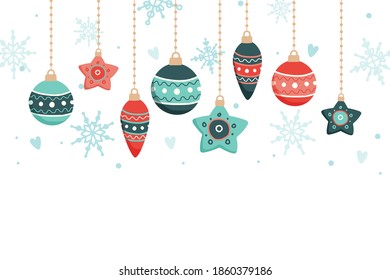 Christmas card with hanging decorations, vector illustration
