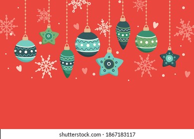 Weihnachtskarte mit hängenden Dekoren, Vektorgrafik