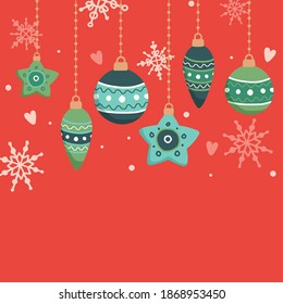 Christmas card with hanging decorations, vector illustration