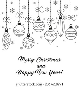 Christmas card with hanging decorations, vector illustration 