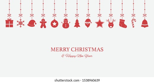 Christmas card with hanging elements and greetings. Simple Xmas ornaments. Vector