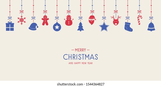 Christmas card with hanging elements and greetings. Simple Xmas ornaments. Vector