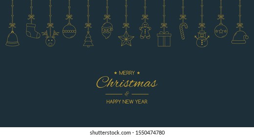 Christmas card with hanging elements and greetings. Simple Xmas ornaments. Vector