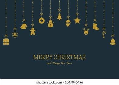 Christmas card with hanging elements and greetings. Simple Xmas ornaments. Vector