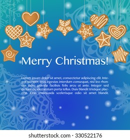 Christmas card with hanging gingerbread stars and hearts. Vector illustration.