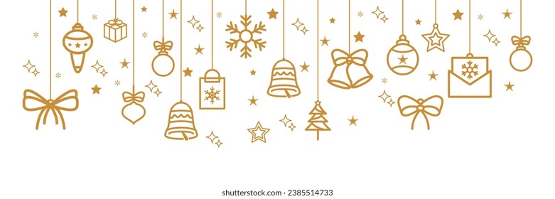Christmas card with hanging golden balls. Happy new year greeting background.