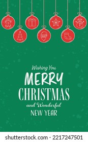 Christmas card with hanging ornaments. Christmas balls. Vector illustration