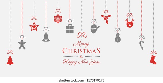 Christmas card with hanging ornaments and wishes. Vector.