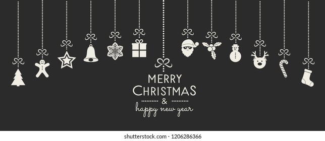Christmas card with hanging ornaments and wishes. Vector.