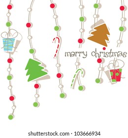 christmas card with hanging presents, christmas tree, lightbulb and candy