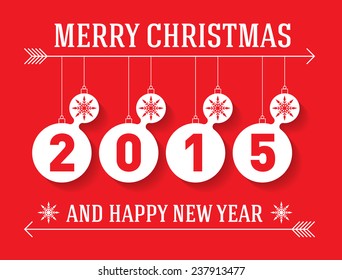 Christmas card with hanging toy. Balls with new year date and snow flakes. Holidays Vector poster.
