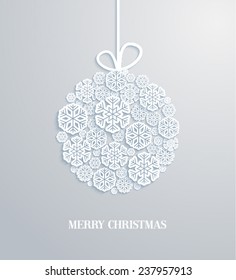 Christmas card with hanging toy made of paper snowflakes. Vector illustration.