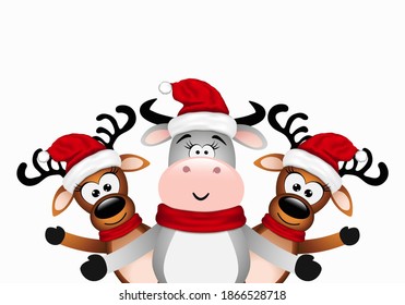 Christmas Card with happy bull and two reindeer.