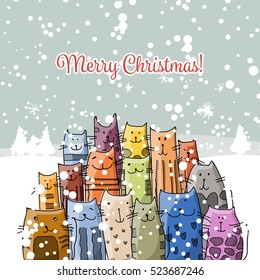 Christmas card with happy cats family