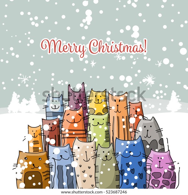 Christmas Card Happy Cats Family Stock Vector (Royalty Free