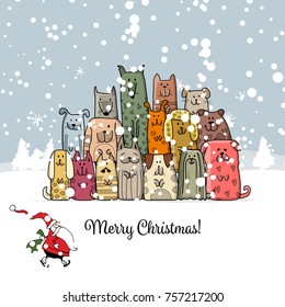 Christmas card with happy dogs family