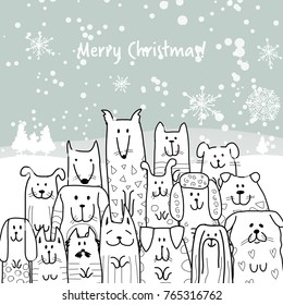 Christmas card with happy dogs family. Vector illustration