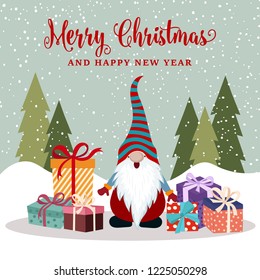 Christmas card with happy gnome and presents . Christmas poster. Vector