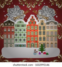 Christmas card Happy Holidays banner. Urban winter landscape. Snowy street. Vector illustration. Flat design.