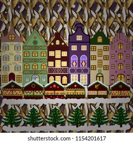 Christmas card Happy Holidays banner. Snowy street. Vector illustration. Urban winter landscape. Flat design.