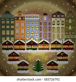 Christmas card Happy Holidays banner. Snowy street. Urban winter landscape. Vector illustration. Flat design.