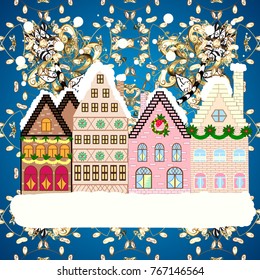 Christmas card Happy Holidays banner. Flat design. Urban winter landscape. Vector illustration. Snowy street.