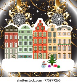 Christmas card Happy Holidays banner. Flat design. Snowy street. Urban winter landscape. Vector illustration.