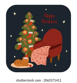 Christmas card. Happy Holidays. Elegant Christmas tree, festive interior. The cat is lying on the rug. Vector illustration in hand drawn cartoon flat style