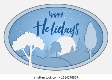 Christmas card with Happy Holidays hand lettering calligraphy text in paper cut style. Vector 10 EPS