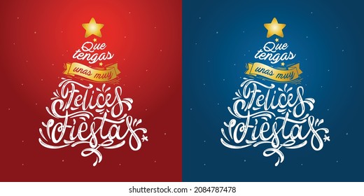 Christmas card with happy holidays message in Spanish shaped like a Christmas tree