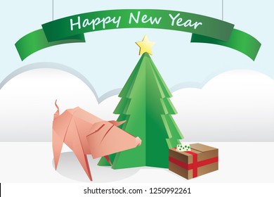Christmas card. Happy New Year 2019. Origami paper pig, Christmas Tree and present.