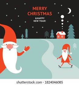 Christmas card. Happy New Year and Merry Christmas card. Season Greetings. Cute Christmas Gnomes and winter night landscape.