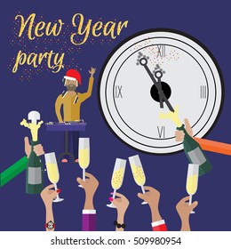 Christmas card. Happy New Year!  New Year party. raising glasses at midnight New Year's Eve