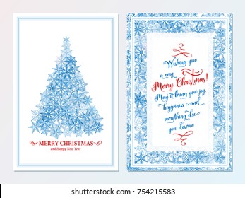 Christmas Card. Happy New Year Print Concept. Holiday Wishes. Xmas Tree Winter Decoration With Snowflakes. Front And Back Sides. Vector Illustration