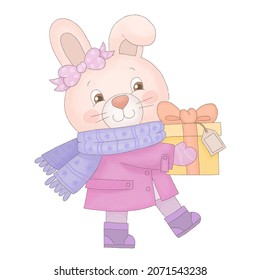 Christmas card with happy rabbit. Bunny with gift.