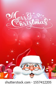 Christmas card. Happy Santa Claus on an abstract red background. Merry Christmas lettering. Vector.