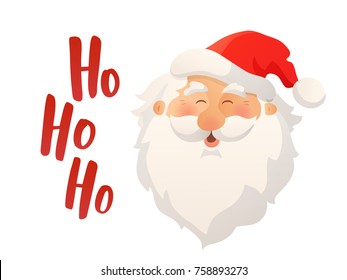 Christmas card. Happy Santa Claus head with red hat and beard. Ho-ho-ho text. Cartoon vector illustration isolated on white. For Christmas gift tags and labels, stickers, banners, posters, websites.