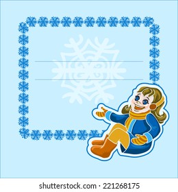 Christmas card with happy sitting girl and frame made of snowflakes