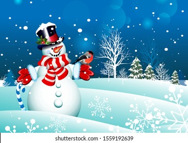 Christmas card. Happy snowman with a bullfinch bird on a blue background of a winter forest with Christmas trees and trees. Vector illustration