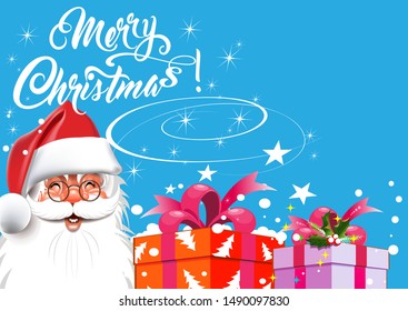 Christmas card. Happy snowman on a background of an abstract snowy blue background. Great for New Year cards, poster, banners, invitations. Vector graphics