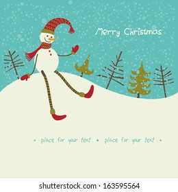 Christmas card with happy snowman on falling snow background.