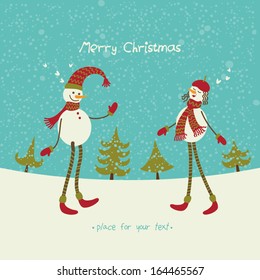 Christmas card with happy snowman on falling snow background.