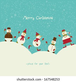 Christmas card with happy snowman on falling snow background.