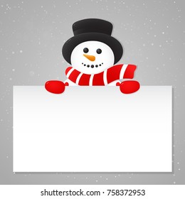 Christmas card with happy Snowman on background with snowflakes and copyspace. Vector.