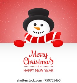 Christmas card with happy snowman and wishes. Vector.