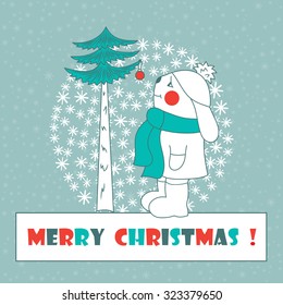 Christmas card. Hare with Christmas tree. Merry Christmas. New Year.