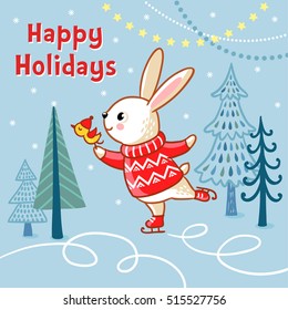 Christmas card with a hare who skates. Christmas cute illustration in a children's style.