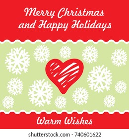 Christmas card with heart and snowflakes. Hand drawn elements on light-green background and inscriptions on red background